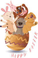 Funny easter, cute cartoon of dogs hatching from easter eggs with pink bunny rabbit. png