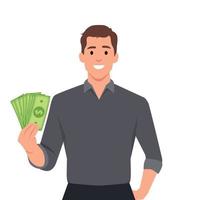 Smiling business man in suit standing holding fan of dollar cash showing money. Happy employee receiving a salary vector