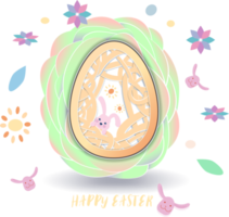 Easter egg with cute rabbit and pattern inside on overlap green paper petal. png