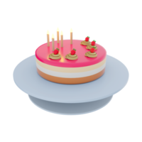 3d rendering tasty birthday cake with colorful candles and ripe strawberries icon. 3d render delicous desert on a tray icon. Tasty birthday cake with colorful candles and ripe strawberries. png