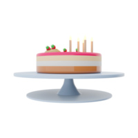 3d rendering tasty birthday cake with colorful candles and ripe strawberries icon. 3d render delicous desert on a tray icon. Tasty birthday cake with colorful candles and ripe strawberries. png
