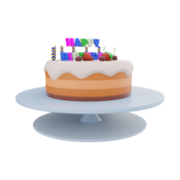 3d rendering birthday cake with colorful banner and candles with berries on top icon . 3d render birthday greeting with fruit cake, ripe berries and candles icon. Birthday cake with colorful banner. png