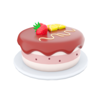 3d rendering cake with peace of lemon and strawberry on top icon.3d render cake with chocolate icing with lemon and strawberries on top icon. Cake with peace of lemon and strawberry on top. png