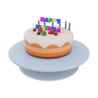 3d rendering birthday cake with colorful banner and candles with berries on top icon . 3d render birthday greeting with fruit cake, ripe berries and candles icon. Birthday cake with colorful banner. png