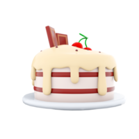 3d rendering cake with chocolate bar and cherries on top icon. 3d render sweet dessert with ripe cherries and sweet chocolate and cream icing. Cake with chocolate bar and cherries on top. png