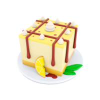 3d rendering lemon cheesecake icon. 3d render cheesecake with lemon slice and chocolate lines on top with cream icon. Lemon cheesecake. png