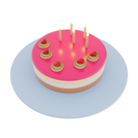 3d rendering tasty birthday cake with colorful candles and ripe strawberries icon. 3d render delicous desert on a tray icon. Tasty birthday cake with colorful candles and ripe strawberries. png