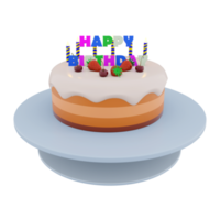 3d rendering birthday cake with colorful banner and candles with berries on top icon . 3d render birthday greeting with fruit cake, ripe berries and candles icon. Birthday cake with colorful banner. png