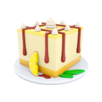 3d rendering lemon cheesecake icon. 3d render cheesecake with lemon slice and chocolate lines on top with cream icon. Lemon cheesecake. png