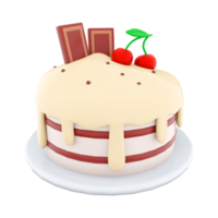 3d rendering cake with chocolate bar and cherries on top icon. 3d render sweet dessert with ripe cherries and sweet chocolate and cream icing. Cake with chocolate bar and cherries on top. png