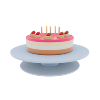 3d rendering tasty birthday cake with colorful candles and ripe strawberries icon. 3d render delicous desert on a tray icon. Tasty birthday cake with colorful candles and ripe strawberries. png