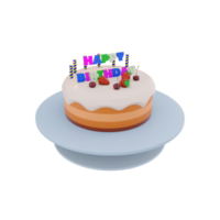 3d rendering birthday cake with colorful banner and candles with berries on top icon . 3d render birthday greeting with fruit cake, ripe berries and candles icon. Birthday cake with colorful banner. png