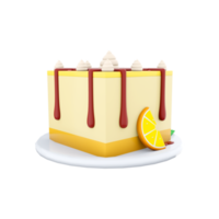 3d rendering lemon cheesecake icon. 3d render cheesecake with lemon slice and chocolate lines on top with cream icon. Lemon cheesecake. png