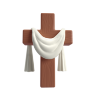 3d ícone de madeira Cruz com branco pano têxtil, símbolo do a ressurreição do Jesus Cristo. ele é ressuscitou. Páscoa ressurreição ilustração. escritura. isolado em branco fundo com recorte caminho png
