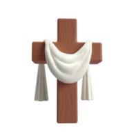 3d icône en bois traverser avec blanc tissu textile, symbole de le résurrection de Jésus Christ. il est ressuscité. Pâques résurrection illustration. écriture. isolé sur blanc Contexte avec coupure chemin png