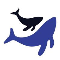 Whale and baby whale blue silhouette. Vector illustration Concept world day ocean, marine animals.