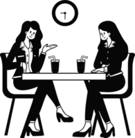 Female office workers sitting and chatting in a coffee shop illustration in doodle style png