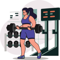 Healthy fitness girl lifting weights in gym illustration in doodle style png