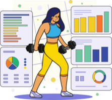 Healthy fitness girl lifting weights in gym illustration in doodle style png