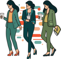 female entrepreneurs resting and drinking coffee illustration in doodle style png