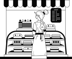 femelle entrepreneur avec boulangerie magasin illustration dans griffonnage style png