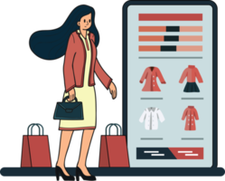 Female office worker shopping online from smartphone illustration in doodle style png