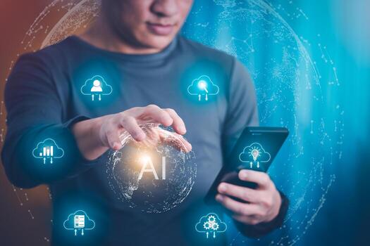 a person touching the virtual screen to manage data with AI, digital transformation management concept Internet of Things, Big Data and Business Processes, Automated Operations, Data Storage photo