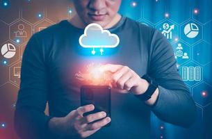 businessman using smartphones, online transactions, shopping, with internet technology, global data connection concept with technology internet, big data, information search, online marketing photo