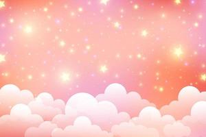 Pastel sky background with clouds and star. Fantasy soft color landscape. Cartoon fairy peach illustration. Vector gradient wallpaper