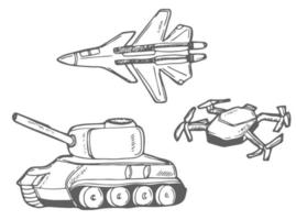 Army weapon elements. Tank, fighter jet and army drone. vector