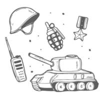 Military and War elements in vector. Army set. Traditional Doodle Drawn Sketch Hand Made Design. vector