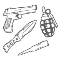 Hand drawn weapons doodle set in vector. Hand grenade, gun, army knife and bullet. vector