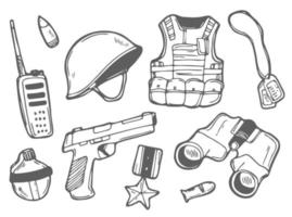 Doodle war icons set. Sketch of Army elements and equipment. Isolated on white background vector