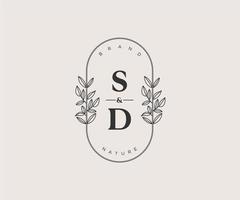 initial SD letters Beautiful floral feminine editable premade monoline logo suitable for spa salon skin hair beauty boutique and cosmetic company. vector