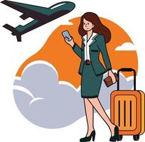 female office worker or Air hostess boarding the plane illustration in doodle style vector