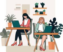 female entrepreneur sitting and working in a cafe illustration in doodle style vector
