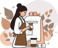 Female barista making coffee from coffee machine illustration in doodle style vector