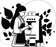 Female barista making coffee from coffee machine illustration in doodle style vector