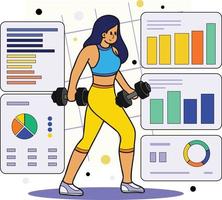 Healthy fitness girl lifting weights in gym illustration in doodle style vector