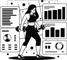 Healthy fitness girl lifting weights in gym illustration in doodle style vector