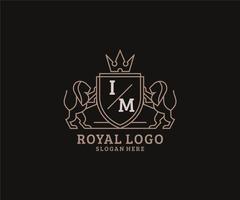 Initial IM Letter Lion Royal Luxury Logo template in vector art for Restaurant, Royalty, Boutique, Cafe, Hotel, Heraldic, Jewelry, Fashion and other vector illustration.