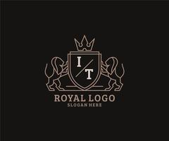 Initial IT Letter Lion Royal Luxury Logo template in vector art for Restaurant, Royalty, Boutique, Cafe, Hotel, Heraldic, Jewelry, Fashion and other vector illustration.