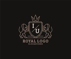 Initial IU Letter Lion Royal Luxury Logo template in vector art for Restaurant, Royalty, Boutique, Cafe, Hotel, Heraldic, Jewelry, Fashion and other vector illustration.