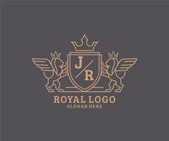 Initial JR Letter Lion Royal Luxury Heraldic,Crest Logo template in vector art for Restaurant, Royalty, Boutique, Cafe, Hotel, Heraldic, Jewelry, Fashion and other vector illustration.