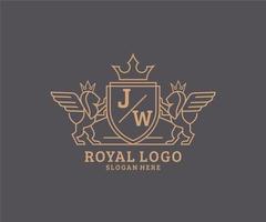 Initial JW Letter Lion Royal Luxury Heraldic,Crest Logo template in vector art for Restaurant, Royalty, Boutique, Cafe, Hotel, Heraldic, Jewelry, Fashion and other vector illustration.