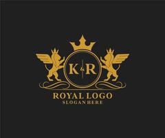 Initial KR Letter Lion Royal Luxury Heraldic,Crest Logo template in vector art for Restaurant, Royalty, Boutique, Cafe, Hotel, Heraldic, Jewelry, Fashion and other vector illustration.