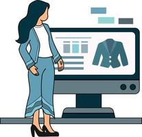 Female office worker shopping online from smartphone illustration in doodle style vector