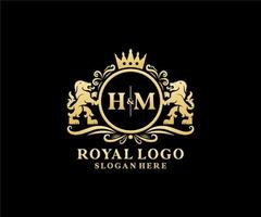 Initial HM Letter Lion Royal Luxury Logo template in vector art for Restaurant, Royalty, Boutique, Cafe, Hotel, Heraldic, Jewelry, Fashion and other vector illustration.