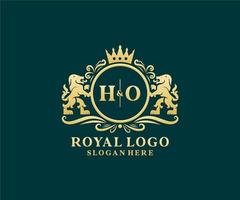 Initial HO Letter Lion Royal Luxury Logo template in vector art for Restaurant, Royalty, Boutique, Cafe, Hotel, Heraldic, Jewelry, Fashion and other vector illustration.
