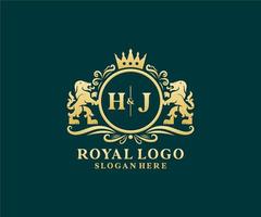 Initial HJ Letter Lion Royal Luxury Logo template in vector art for Restaurant, Royalty, Boutique, Cafe, Hotel, Heraldic, Jewelry, Fashion and other vector illustration.